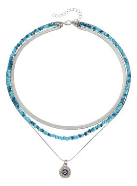 Norns欧美自然元素蓝绿松石金属链三层恶魔之眼项链切面necklace