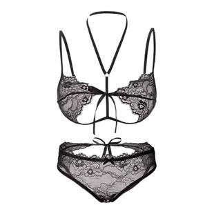 「LA」致命女人*纯欲性感蕾丝挂脖绑带聚拢三点式网纱内衣秋套装