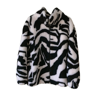 松弛感斑马连帽立领中长款羊羔毛皮毛一体冬季保暖皮草女毛毛外套