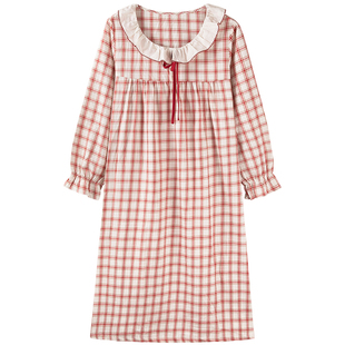 2026新款红色睡裙女款纯棉长袖春秋夏季本命年马年法式格纹连衣裙