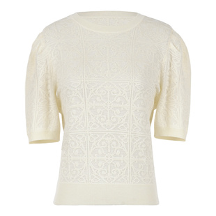 固执秋季新款提花时尚学院风圆领套头泡泡短袖显瘦薄款针织衫