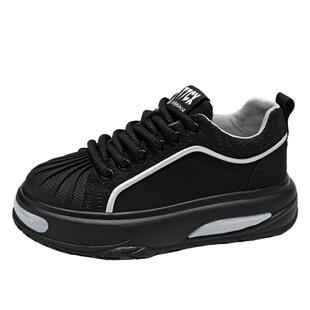 黑武士男鞋冬季2026新款贝壳头皮面运动板鞋厚底休闲工作潮鞋春季