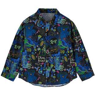 [毛怪]woobaby儿童纯棉灯芯绒复古涂鸦衬衫男童女童25秋上衣外套