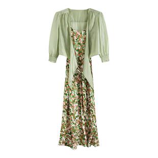 梵凯两件套装女2024夏莱赛尔轻薄上衣外套加吊带碎花连衣裙套装