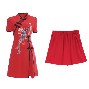 新中式国潮风年轻款凤凰旗袍两件套旗开得胜夏装新款演出工作服女