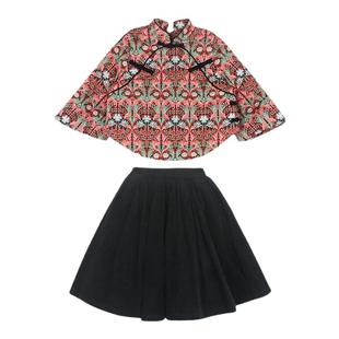 大耳象女童碎花旗袍加绒上衣&纯色加绒半裙冬季新款