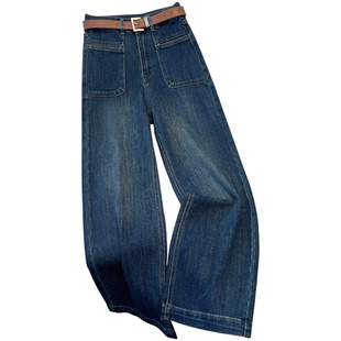 拉夏贝尔复古蓝阔腿牛仔裤女春秋2026新款显瘦小个子九分直筒裤子