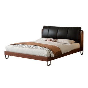 复古包豪斯实木床1米8真皮双人床中古风白蜡木软包主卧床新款婚床