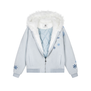 DARKAGE原创美式复古雪花刺绣毛领连帽座山雕棉服女冬季宽松外套