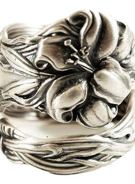 复古银虎百合花古董汤匙纯银戒指