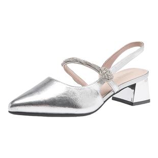 大东银色凉鞋女款2026新款夏季配裙子的鞋子尖头高跟鞋后空单鞋女