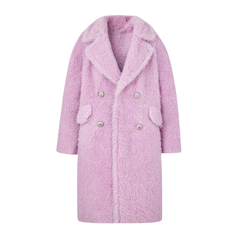 伊华欧秀【精选】冬羊剪绒外套绵羊毛中长款粉色毛毛皮草大衣