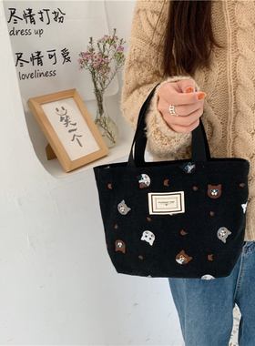 新品 11262 刺绣猫咪手拎包韩版文艺可爱便当包上班学生手提小布