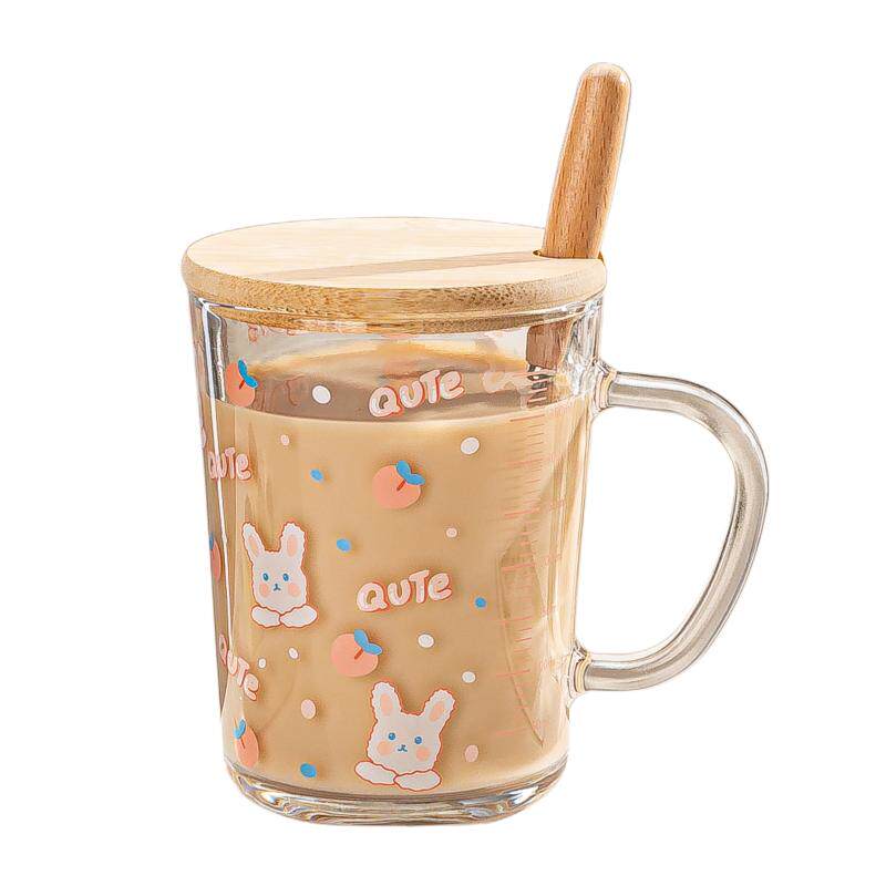 玻璃杯子ins高颜值水杯可爱卡通牛奶早餐杯盖刻度吸管杯宿舍办公