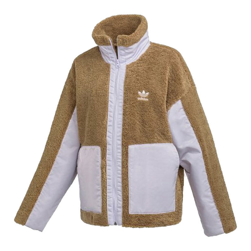 Adidas三叶草女装冬季羊羔绒夏尔巴绒连帽保暖防寒冬季外套HC6604