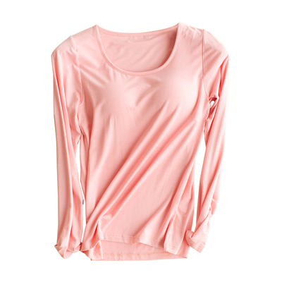 纯棉+莫代尔带胸垫长袖T恤女秋冬