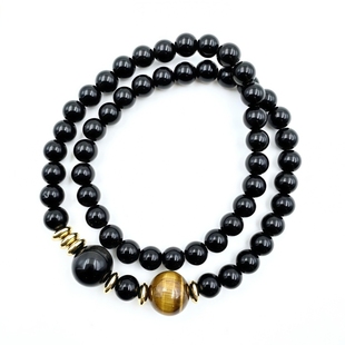 天然黑曜石搭配虎眼石双圈手串男女生时尚水晶文玩手链串珠6mm