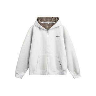 男士重磅白色卫衣外套男款连帽千鸟格上衣2025新款字母刺绣开衫冬