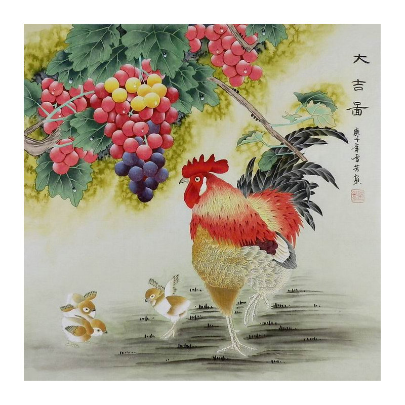 国画工笔画装饰画葡萄鸡纯手绘