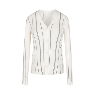 LESS春修身简约内搭毛衫优雅撞色坑条打底针织开衫女2P2313210