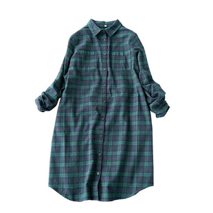 特文艺范磨毛绒棉长袖格子衫女秋冬款中长衬衫宽松舒适休闲打底衫