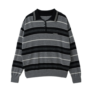 [张元英同款]rolarola春羊毛撞色针织衫拼色条纹慵懒POLO衫