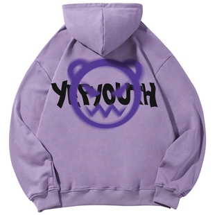 yep紫色美式复古小熊卫衣女hiphop宽松炸街连帽春秋欧美外套潮牌