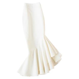 白色鱼尾半身裙女不规则包臀裙中长款一步裙子半裙高腰牛仔包裙夏