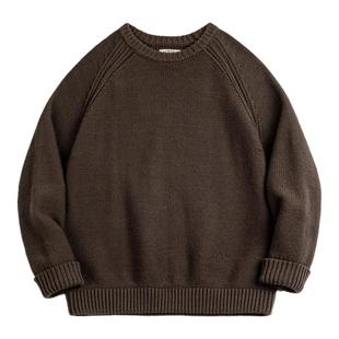 马登工装美式复古重磅编织圆领毛衣肌理感插肩袖打底针织衫男秋