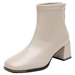 大东粗跟高跟短靴女2025新款秋冬季方头靴子显瘦瘦瘦靴切尔西女靴