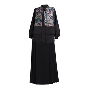 叶央中式高级感拼接仿宋锦提花缎马甲改良拉链款带兜黑色马面裙套