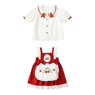 幼悠女童法式连衣裙可爱草莓刺绣小翻领宝宝夏季蝴蝶结衬衣公主裙