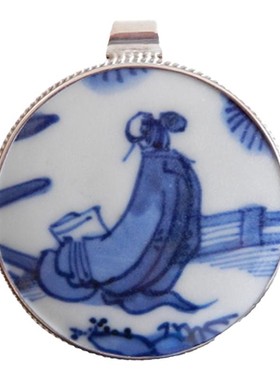 手工纯银清代青花仕女孤品项坠