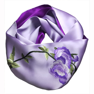 苏绣紫色手工刺绣真丝围巾双面桑蚕丝丝巾绣花杭州丝绸小披肩妈妈