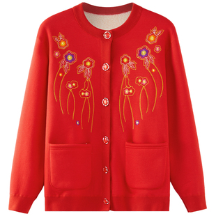 女士开衫羊羔绒保暖上衣中老年人可外穿加绒加厚秋衣宽松加大单衣