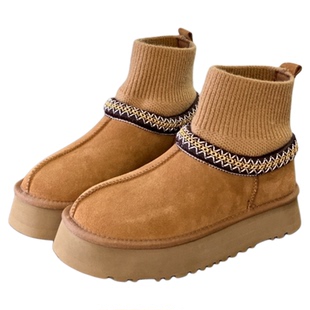 2025年冬季新款真皮羊皮毛一体雪地靴袜筒套脚厚底民族风女靴棉靴