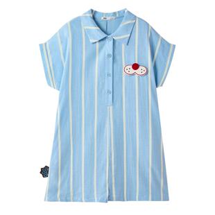yso【酷猫系列】睡衣女连体夏季条纹全棉双层纱衬衫裙家居服套装B