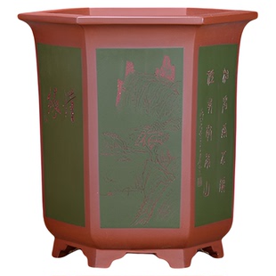 潘涛宜兴精品手工中大型高兰花盆原矿清水泥粉桨手工刻绘六方宫灯