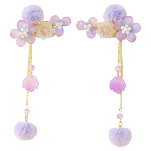 汉服女童冬款古风发饰儿童紫色仙气流苏毛球对夹女孩古装国风头饰