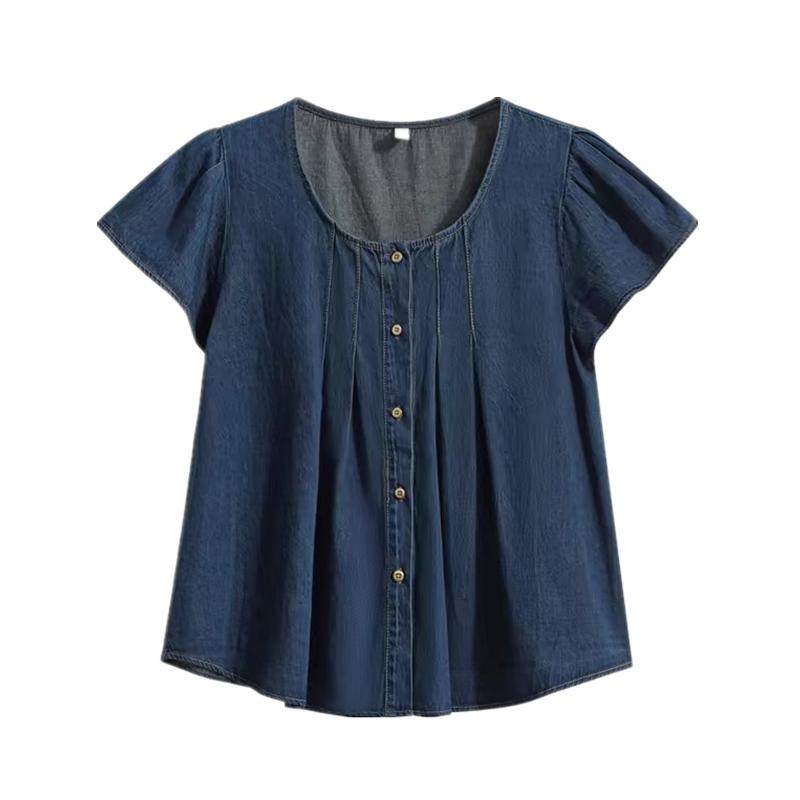 法式复古飞飞袖牛仔衬衫女2025夏季新款小个子宽松百搭别致衬衣