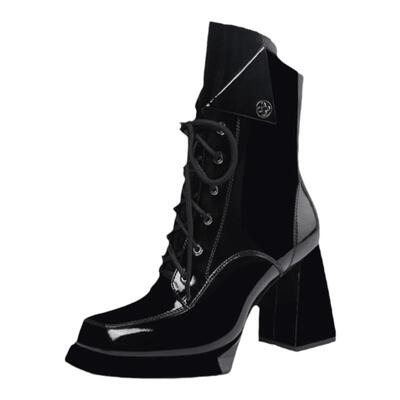 9cm粗跟白色方头短靴休闲