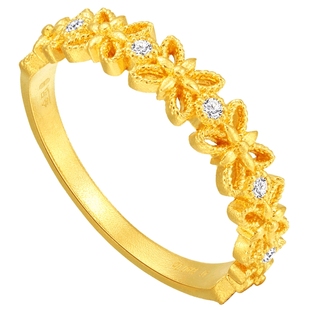 潮宏基非遗花丝千金黄金钻石戒指足金戒圈手饰5G金CNC镂空蕾丝