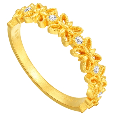 潮宏基非遗花丝千金黄金钻石戒指足金戒圈手饰5G金CNC镂空蕾丝