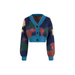 MARYLING玛俪琳秋冬蓝彩涂鸦短款V领单排扣针织开衫A1DHW08501