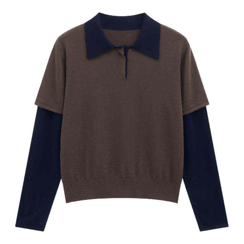 百家好假两件绵羊毛撞色针织衫早春复古POLO翻领拼接长袖短款上衣