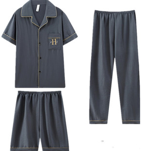 夏天睡衣男士薄款纯棉中老年人短袖长裤家居服爸爸加大码三件套装