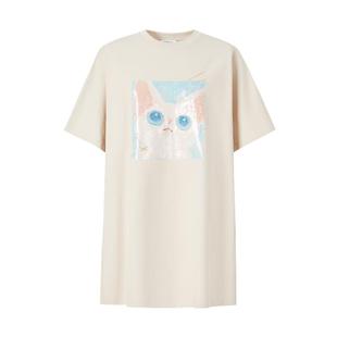MOISSAC摩萨克秋款纯棉猫咪珠片绣宽松休闲风T恤连衣裙女