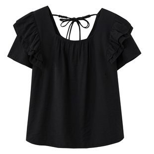 宽松短袖雪纺衫女装上衣夏季新款方口领黑色个性拼接遮肉显瘦小衫