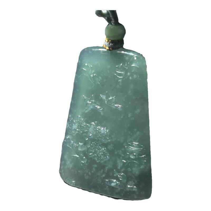 米町珠宝 木那蓝钢山水大师作品江山如画天然缅甸翡翠A货吊坠挂饰