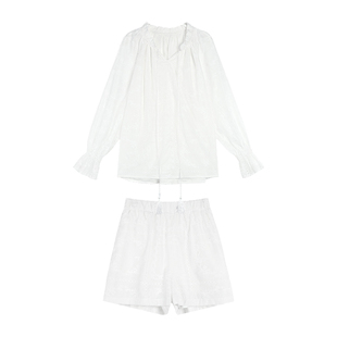 辰米范 白色v领长袖衬衫女套装镂空喇叭袖轻薄防晒上衣短裤两件套